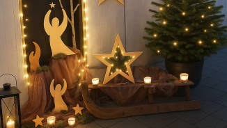 Decorazioni natalizie con candele, stelle, albero di Natale e angeli nell'area esterna