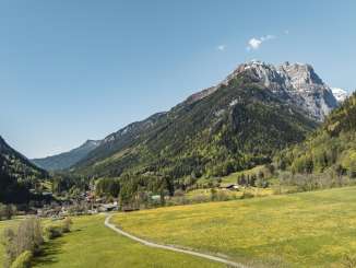 Vättis nella Valle della Tamina Paesaggio alpino nella Valle della Tamina con prato fiorito primaverile
