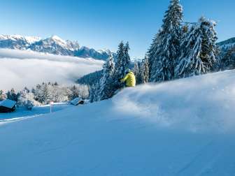 Pizol, inverno, neve, cielo blu, mare di nebbia, Pizolbahnen, umore mattutino, sci, pista