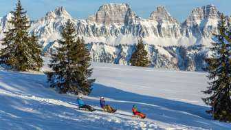 Tre persone sulla pista da slittino del Flumserberg con il Churfirsten sullo sfondo