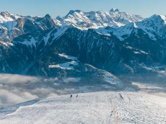 Pizol, inverno, neve, cielo blu, mare di nebbia, Pizolbahnen, umore mattutino, sci, pista