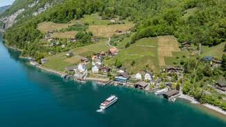 2025, alberi, montagne, blu, villaggio, primavera, corsi d'acqua, verde, Quinten, nave, lago, foresta, Walensee, escursionismo, acqua